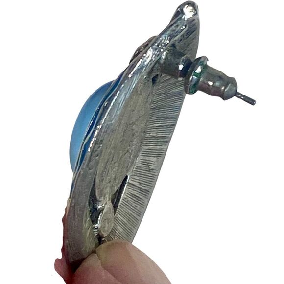 Vintage 90s Oval Shaped Pierced Earrings Blue and Silver - Picture 4 of 6